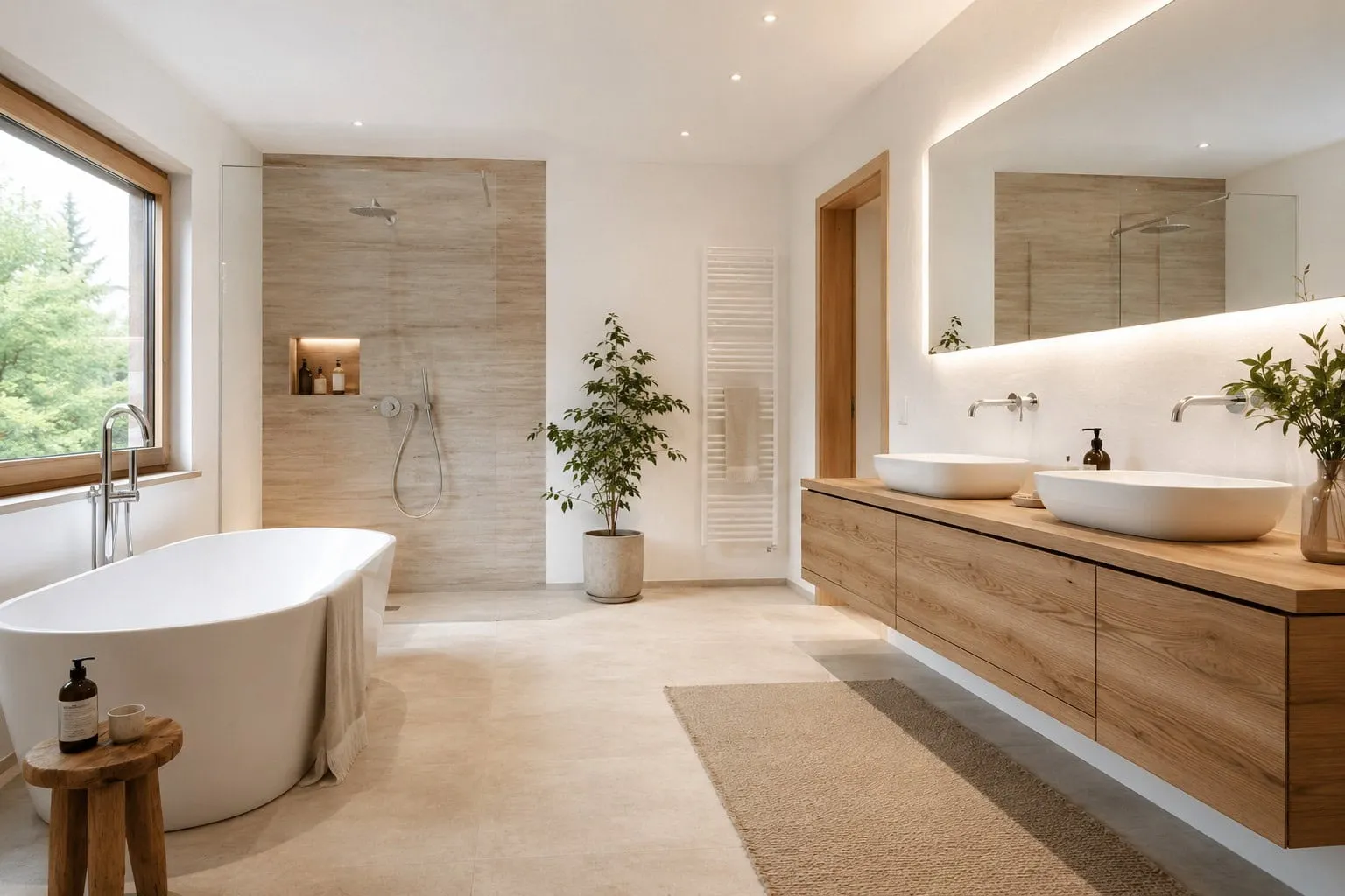 Modernes Traumbad mit hellen Tönen und Massivholz in Heidelberg