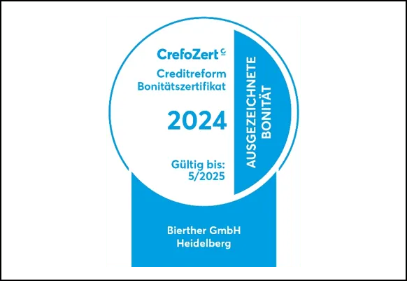 Zertifizierung für ausgezeichnete Bonität für die Bierther GmbH, ausgestellt durch die Creditreform.