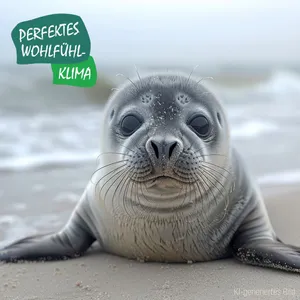 Glückliche Robbe am Strand mit dem Bierther Slogan: Perfektes Wohlfühlklima