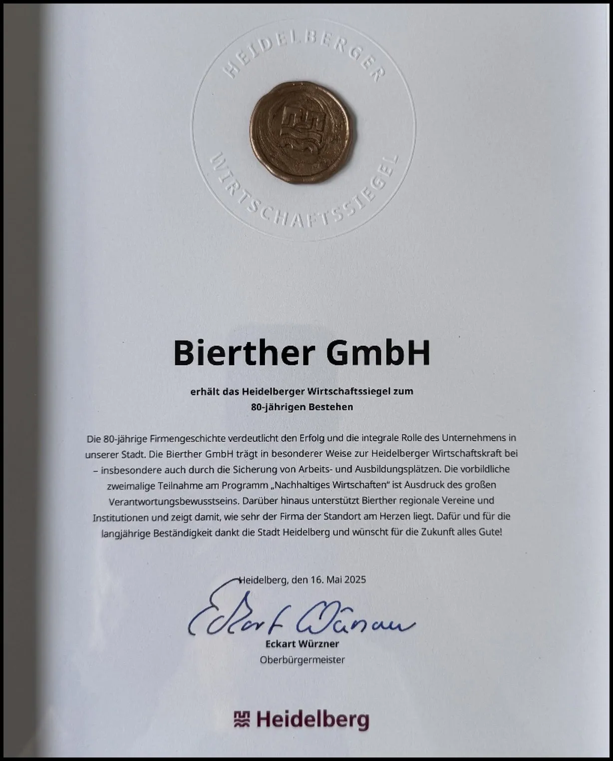 Wirtschaftssiegel der Stadt Heidelberg für die Bierther GmbH